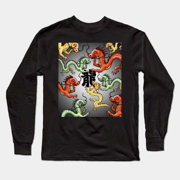 Lots of Chinese Dragons and a Kanji Long Sleeve T-Shirt by cuisinecat